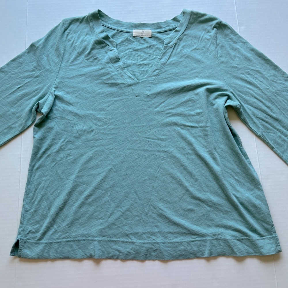 Anthropologie t.la Teal Blue 3/4 Sleeve V-Neck Cotton Casual Blouse XL